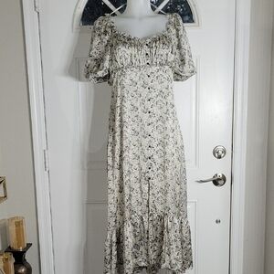 Zara Cream Micro Floral Print Boat Neck Midi Dress Size Large